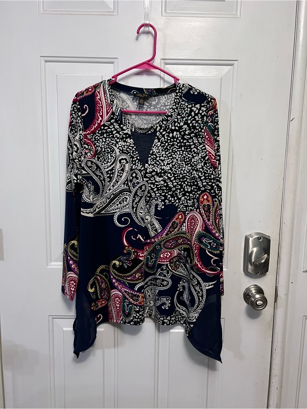 Melissa Paige Woman 1X Paisley Tunic Blouse Navy Multicolor Chiffon Hi Low Sheer